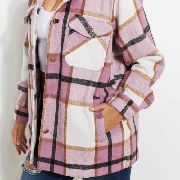 Zenana Fall Break Plaid Shacket Pink - Picture 5 of 7